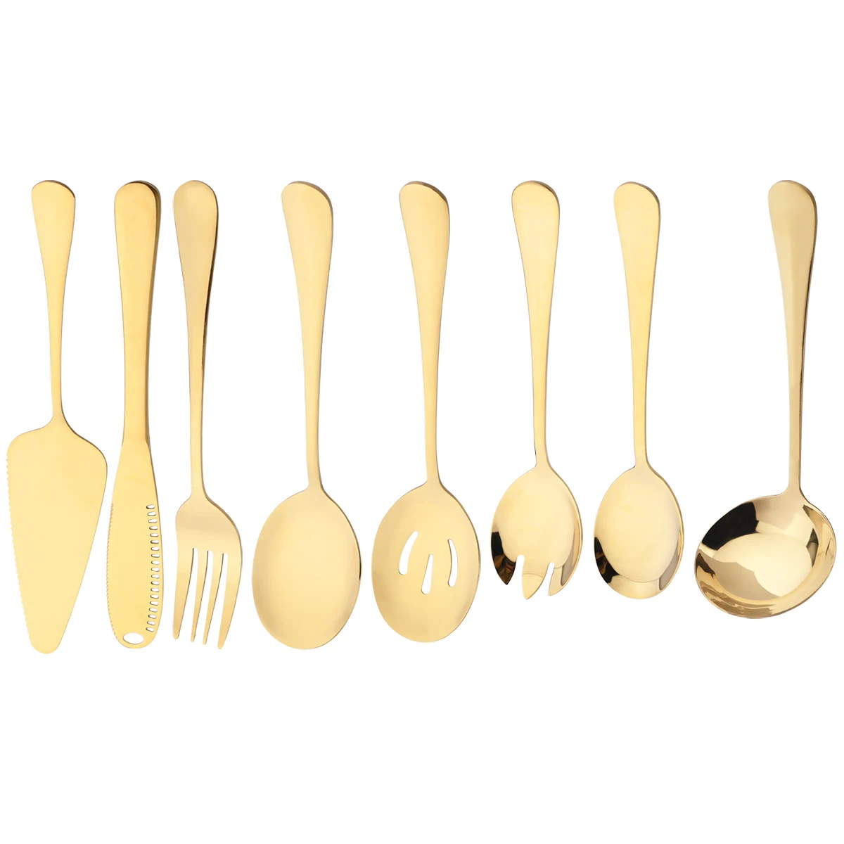 8Pcs Gold Stainless Steel Dinnerware Set Butter Knife Cake Spatula Cutlery Service Soup Spoon Colander Spoon Salad Fork Flatware