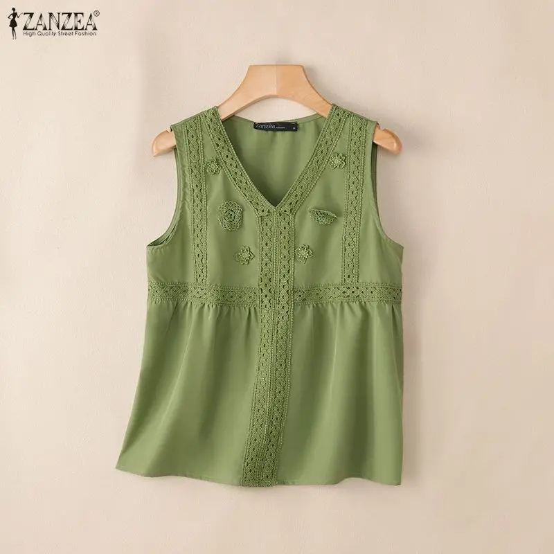 ZANZEA Sommer-Tanktops ohne Ärmel, stilvolle Damen-Tops mit V-Ausschnitt, elegante Spitzen-Patchwork-Urlaubsbluse, lässige, lockere Strand-T-Shirts – Detail 13