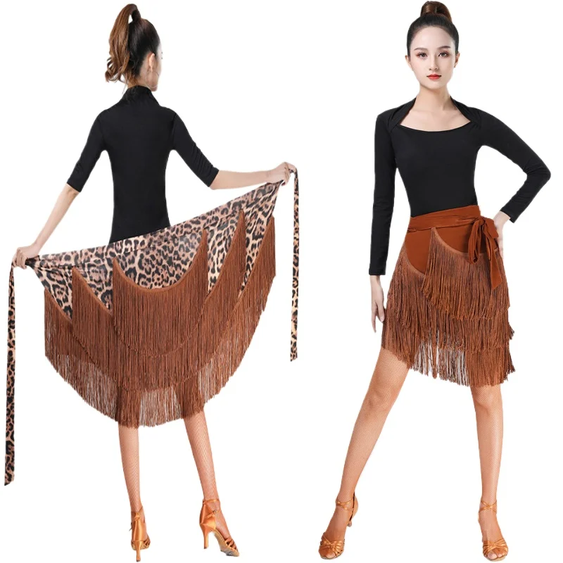 Latin Dance Skirt Fringed Hip Towel Skirt, Girls Short Skirt Table Performance Dress Adult Dance Skirt Leopard Print