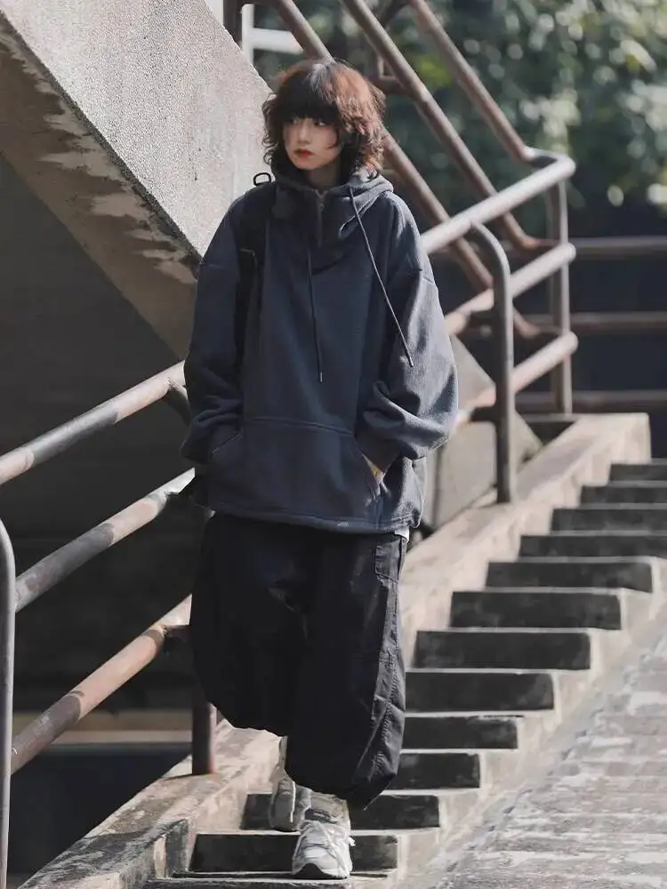 Japanese Retro Fleece Lined Hoodie Women's & Men's Loose Fit Thickened Pullover Autumn Winter American Style Hoodies