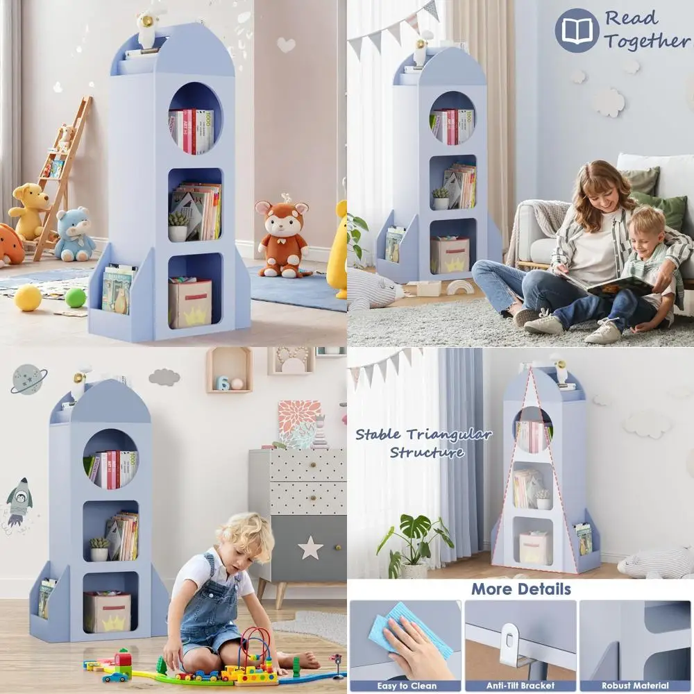 

Трехуровневая деревянная книжная полка и органайзер для игрушек в космической тематике для детей, витрина для малышей с боковыми полками, синий цвет