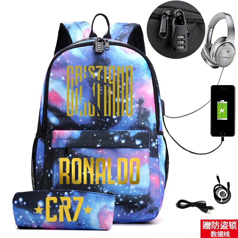 Ronaldo printed backpack casual student school bag usb bag with lock outdoor travel bag computer bag pencil case 2-piece set