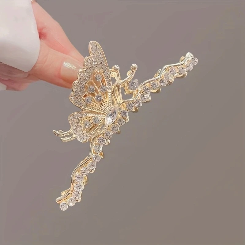 1pc zinc alloy rhinestone temperament butterfly hair ornament, elegant high-end headdress, simple and light luxury grab clip, su