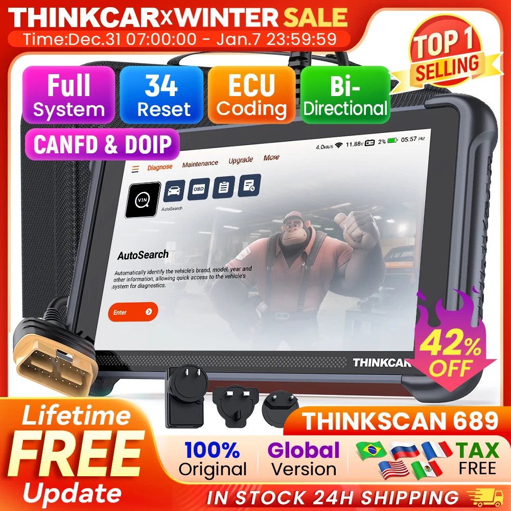 

THINKCAR THINKSCAN 689 Professional Car Diagnostic Tools CANFD DOIP Bi-directional ECU Coding 34 Reset Full System Obd2 Scanner