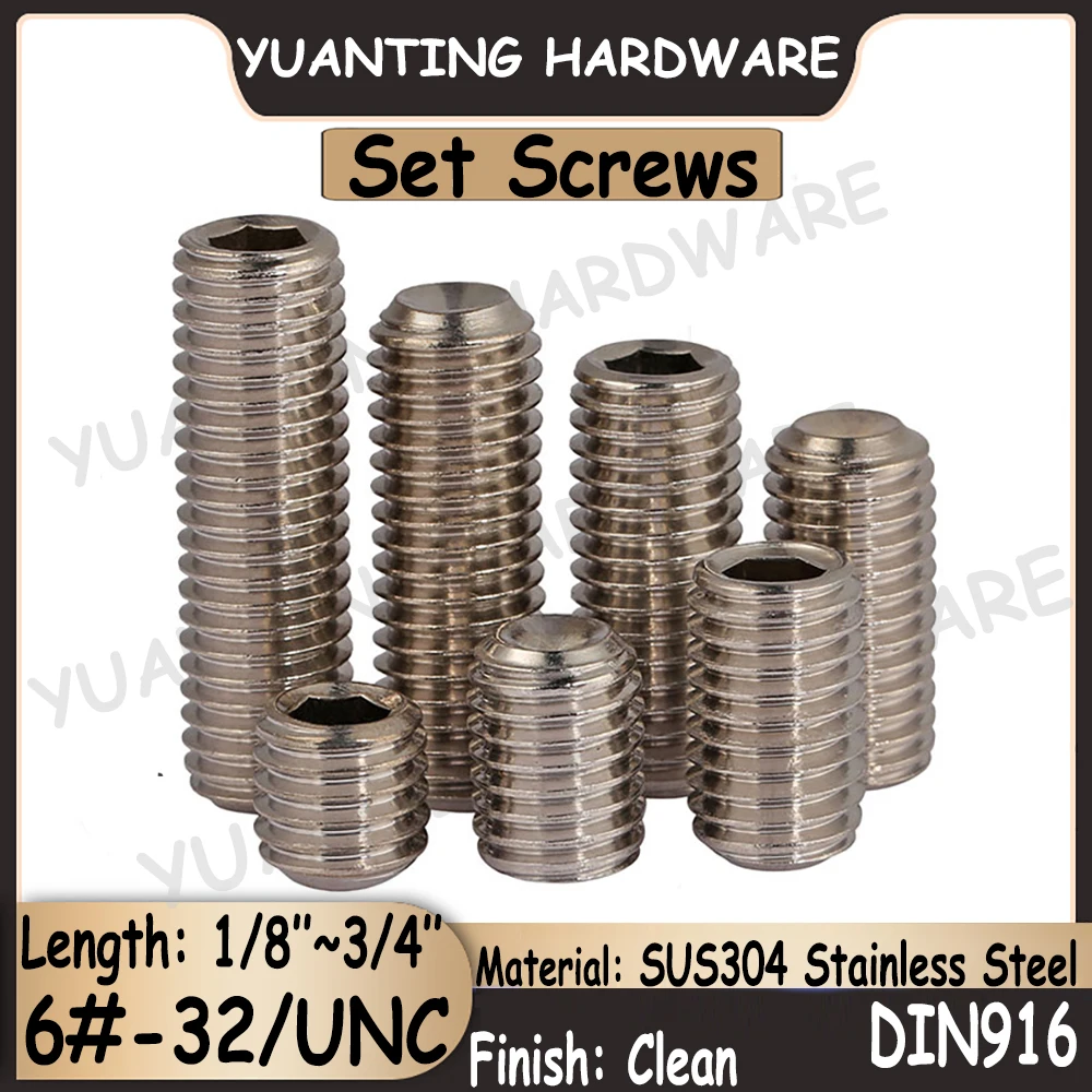 10Pcs 6#-32 UNC Thread DIN916 SUS304 Stainless Steel Hexagon Socket Set Screws with Cup Point Headless Screws Grub Screws