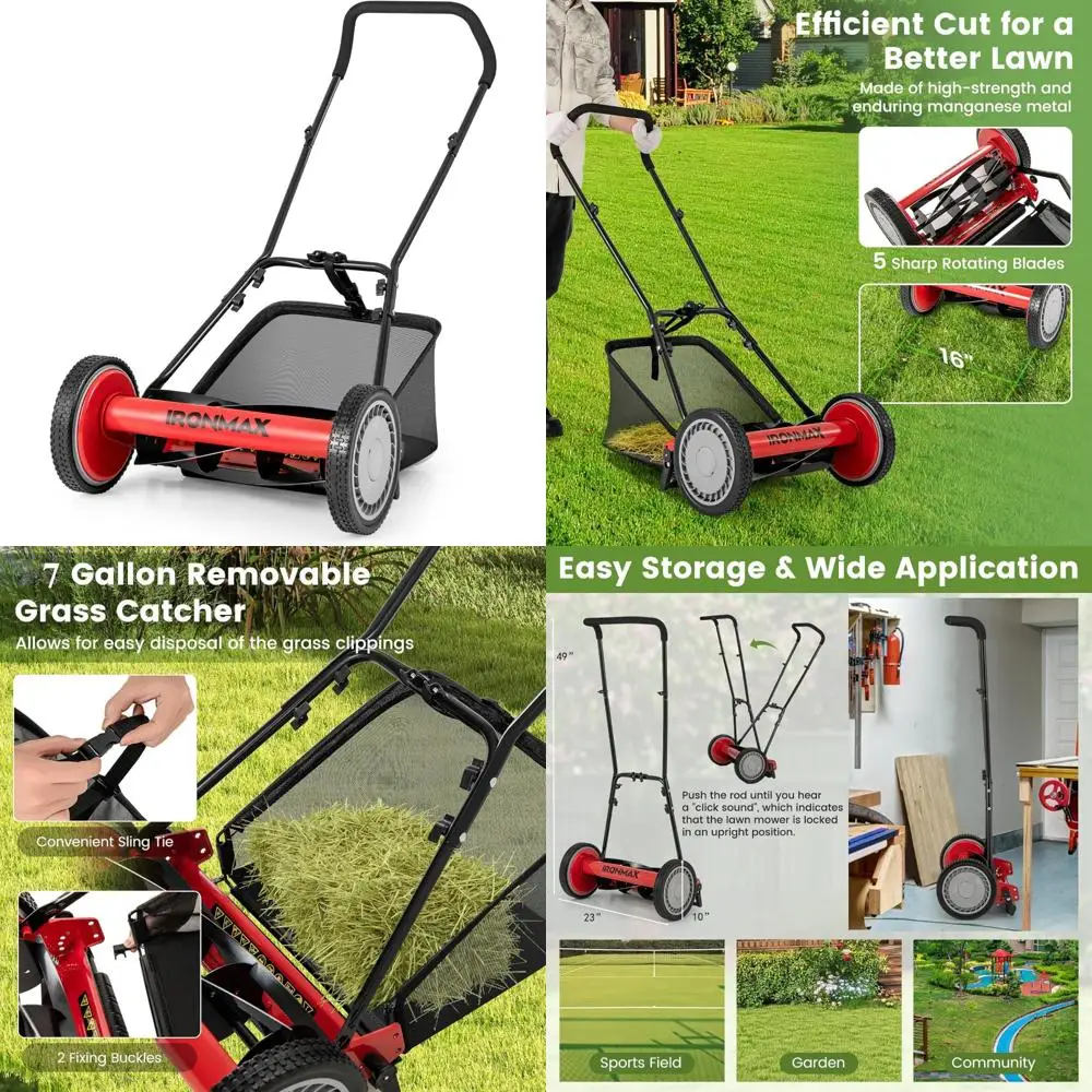 جزازة العشب اللاسلكية مقاس 16 بوصة 5 شفرات مع حقيبة سعة 7 جالون لقطع العشب المشيية، قابلة للتعديل وسهلة الاستخدام