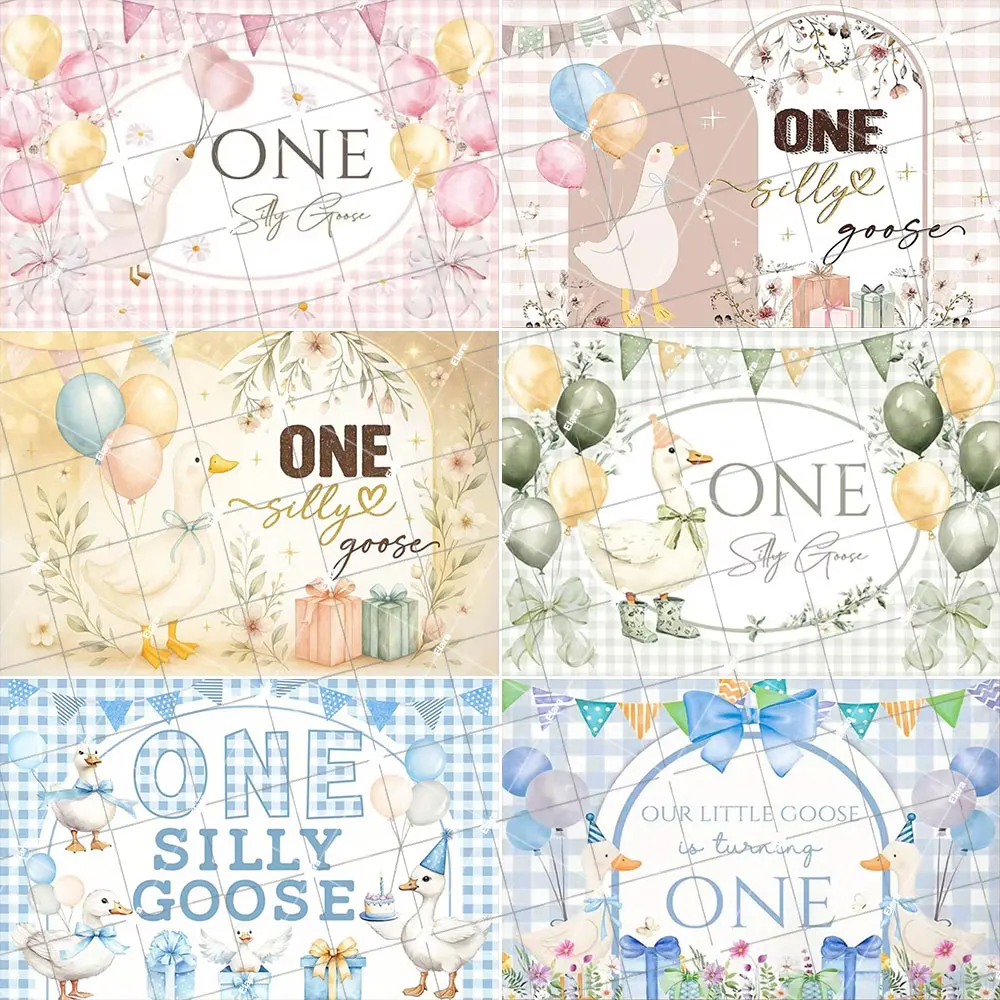 One Silly Goose تحول موضوع واحد الطفل 1st حفلة عيد ميلاد ديكور الكرتون ليتل أوزة إكليل الوردي منقوشة ربطة القوس فيونكة خلفية الدعائم