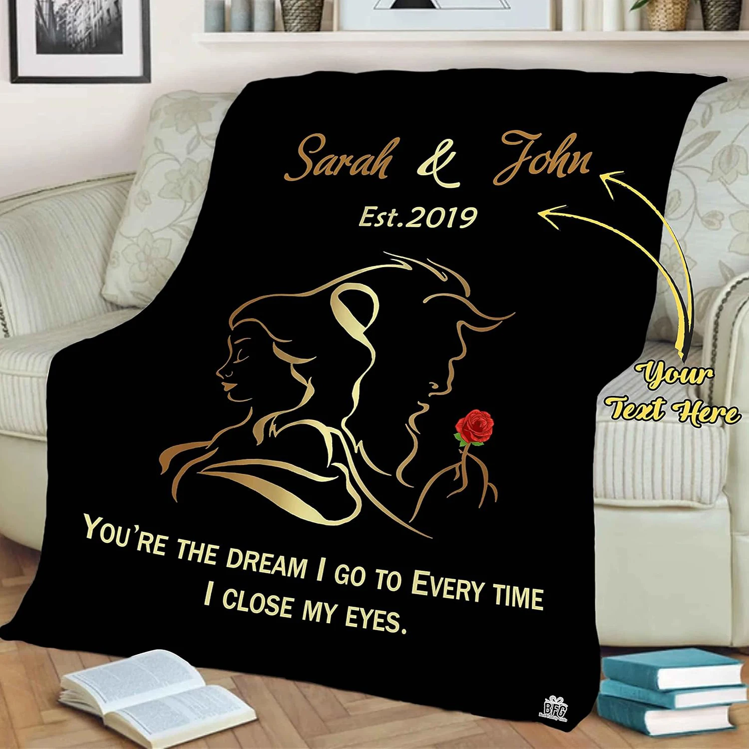 Names Beauty and Beast Blanket with Customized Couple and Reviews, Ideal for Date Birthday, Anniversary, and Valentine's Day