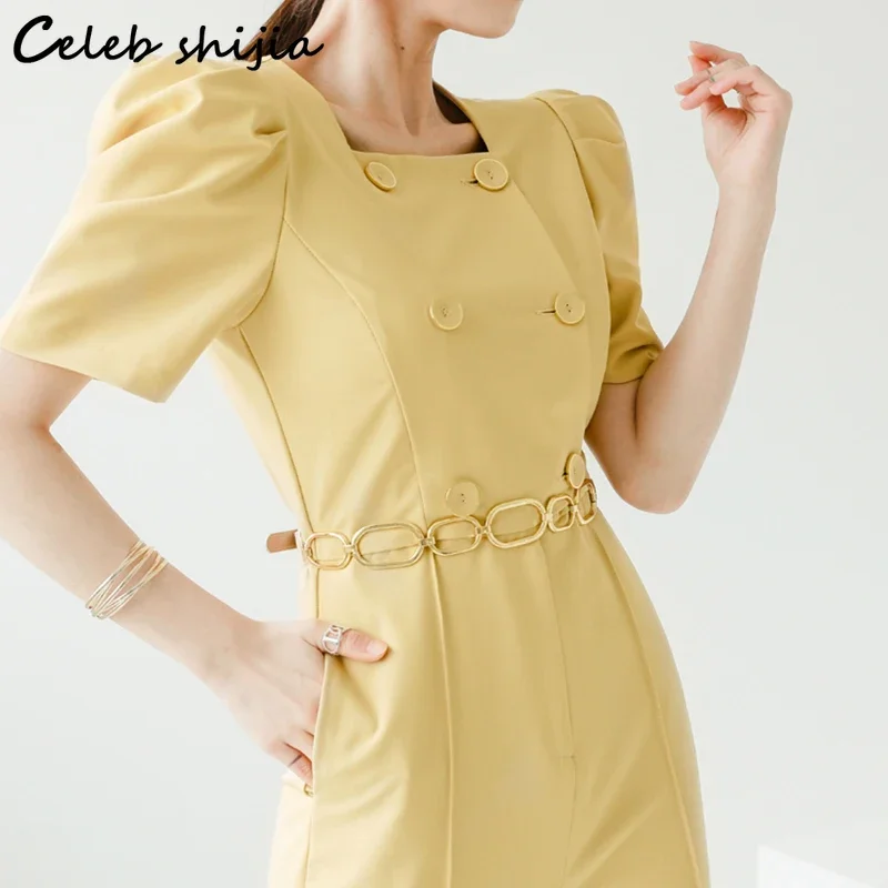 Jumpsuit wanita, Jumpsuit kuning Chic musim panas Double Breasted elegan lompat setelan untuk wanita bisnis rantai emas overall Korea