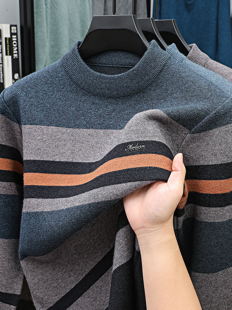 

Men's Half Height Round Neck Long Sleeved Autumn and Winter Knitted Sweater Striped Base Sweater