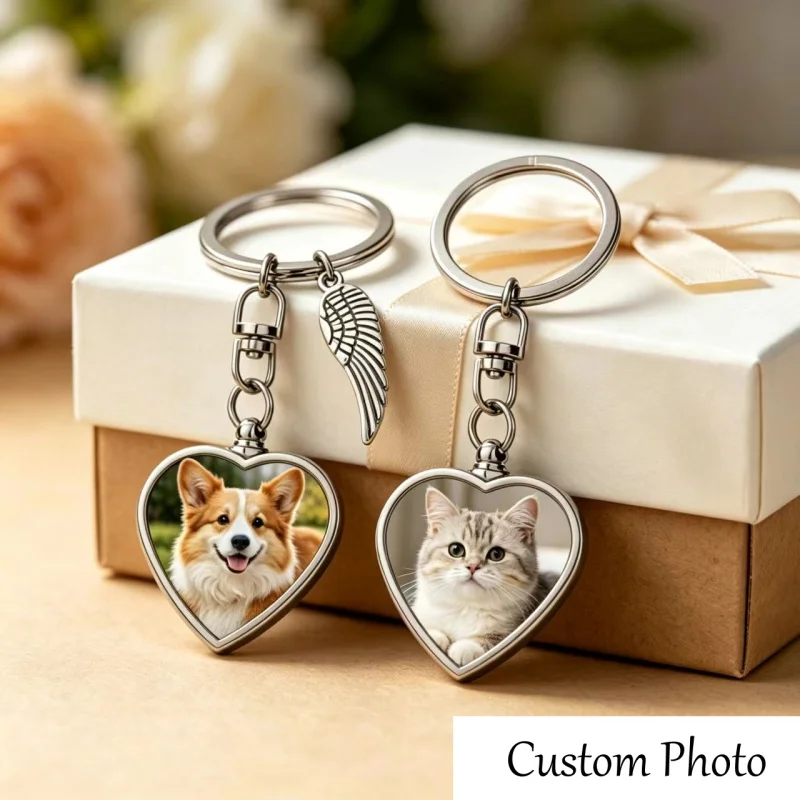 Personalised Custom Photo Pet Memorial Keychain - Heart-Shaped Metal Ashes Pendant with Photo Display, Personalised Pet Memento
