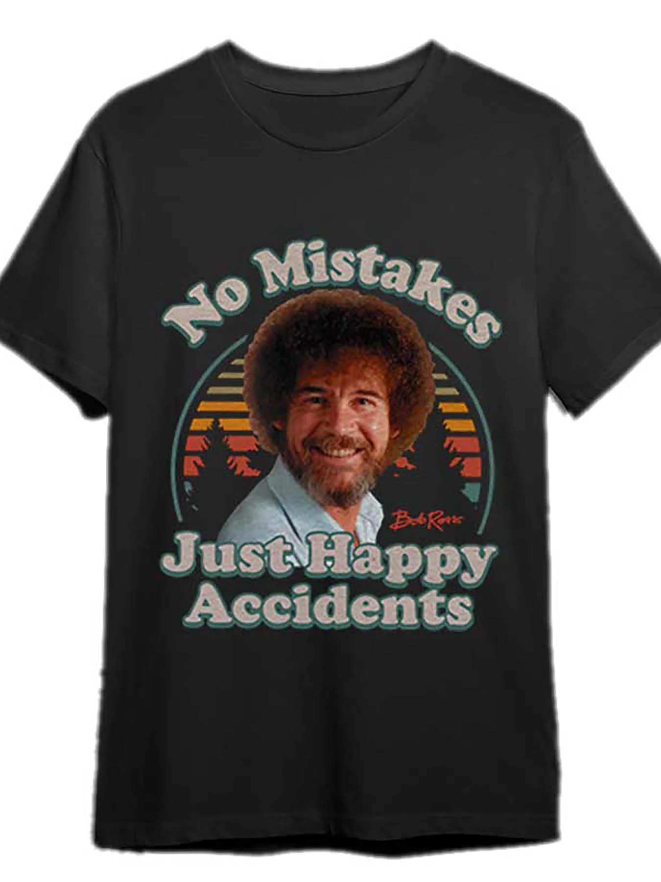 تي شيرت رجالي بدون أخطاء Just Happy Accidents Bob Ross Vintage Artist تي شيرت قطني أسود بأكمام قصيرة ورقبة دائرية