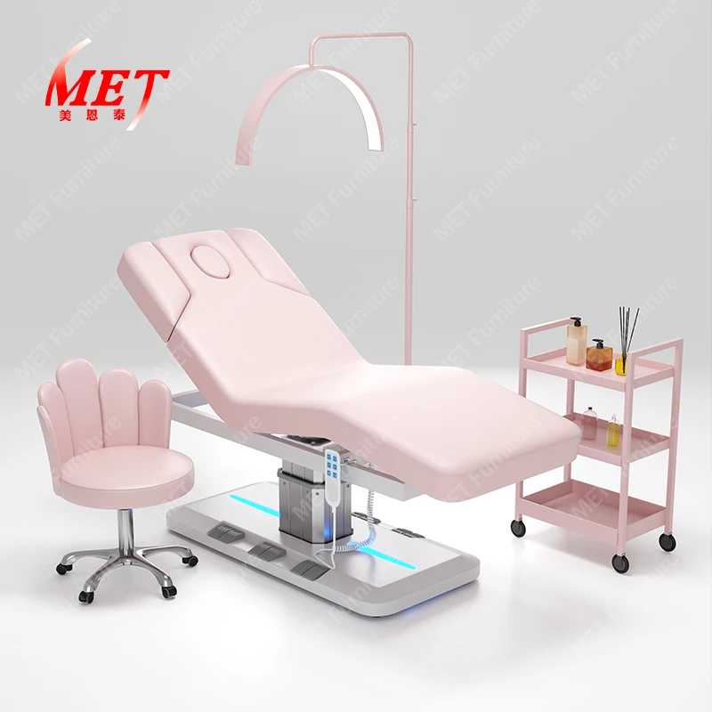 Modern Beauty Salon Furniture pink Leather Cosmetic Facial Spa Bed Luxury 3 Motors Electric Massage Bed with Lights
