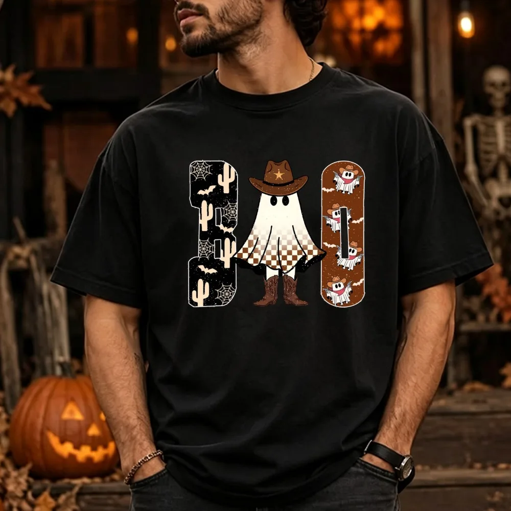 BOO Letter T Shirt Cotton Western Cowboy Ghost Graphic Printed Tee Women Men Fall Halloween Spooky Season T-Shirt Women Clothes