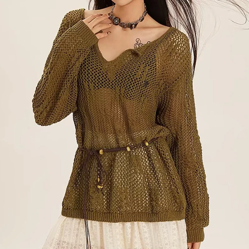 

V-neck Long-sleeved Sun Shirt Female Spring and Summer Hollowed Out Knit Shirt New Lazy Wind Fashion Leisure Simple Tie Tide