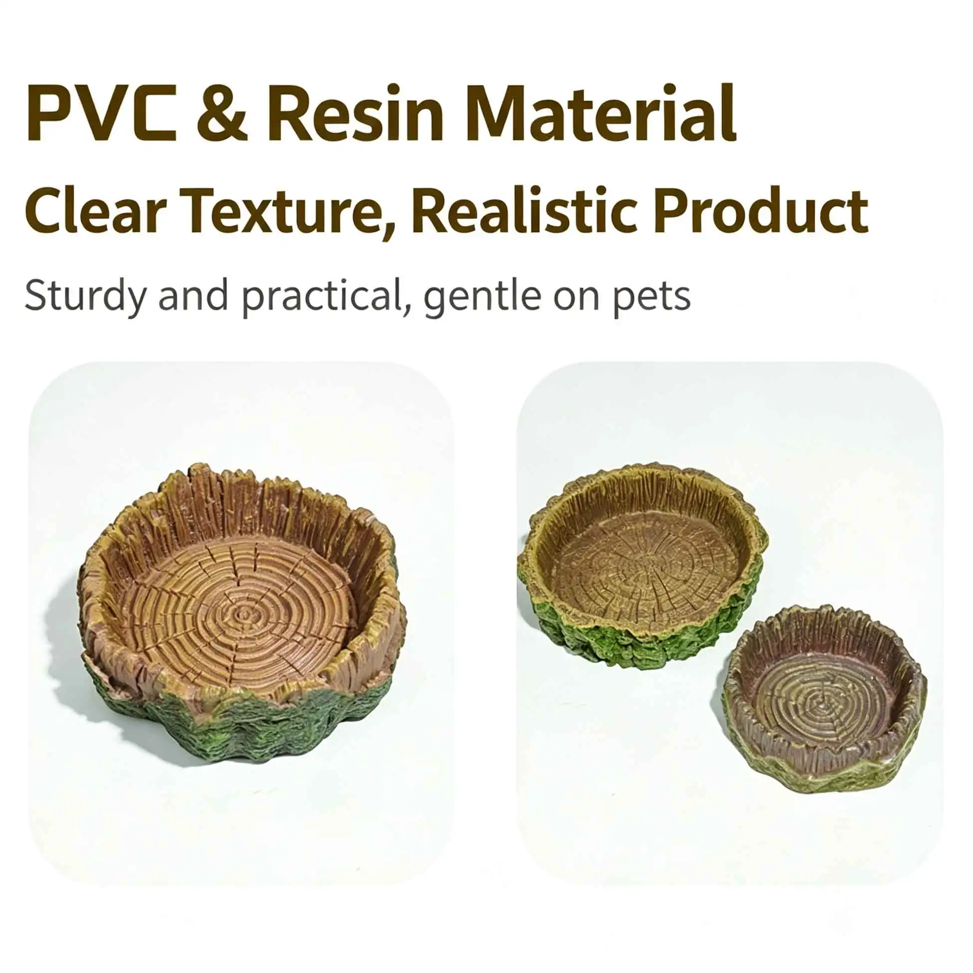 Reptile Tree Stump Water Food Bowl PVC Simulation Wood Feeding Dish for Leopard Gecko Lizard Hermit Crab