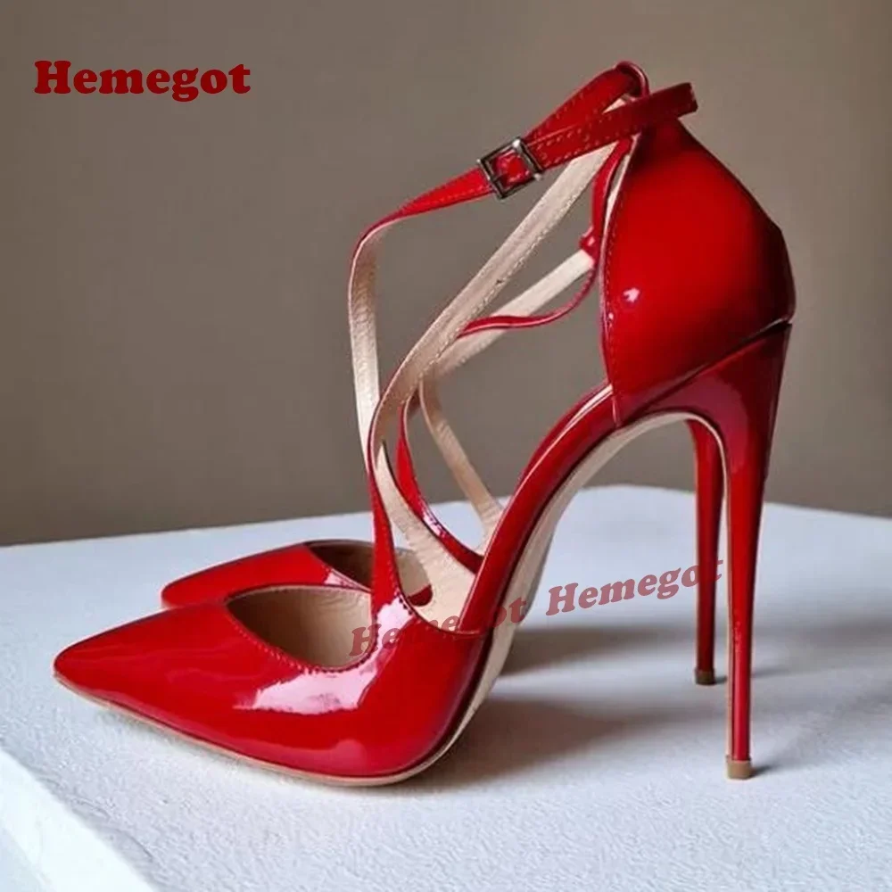 

Glossy Women's Pumps Pointy Toe Black Cross Buckled Sandals Patent Leather Stiletto Heels Sexy Elegant Party Shoes Luxury