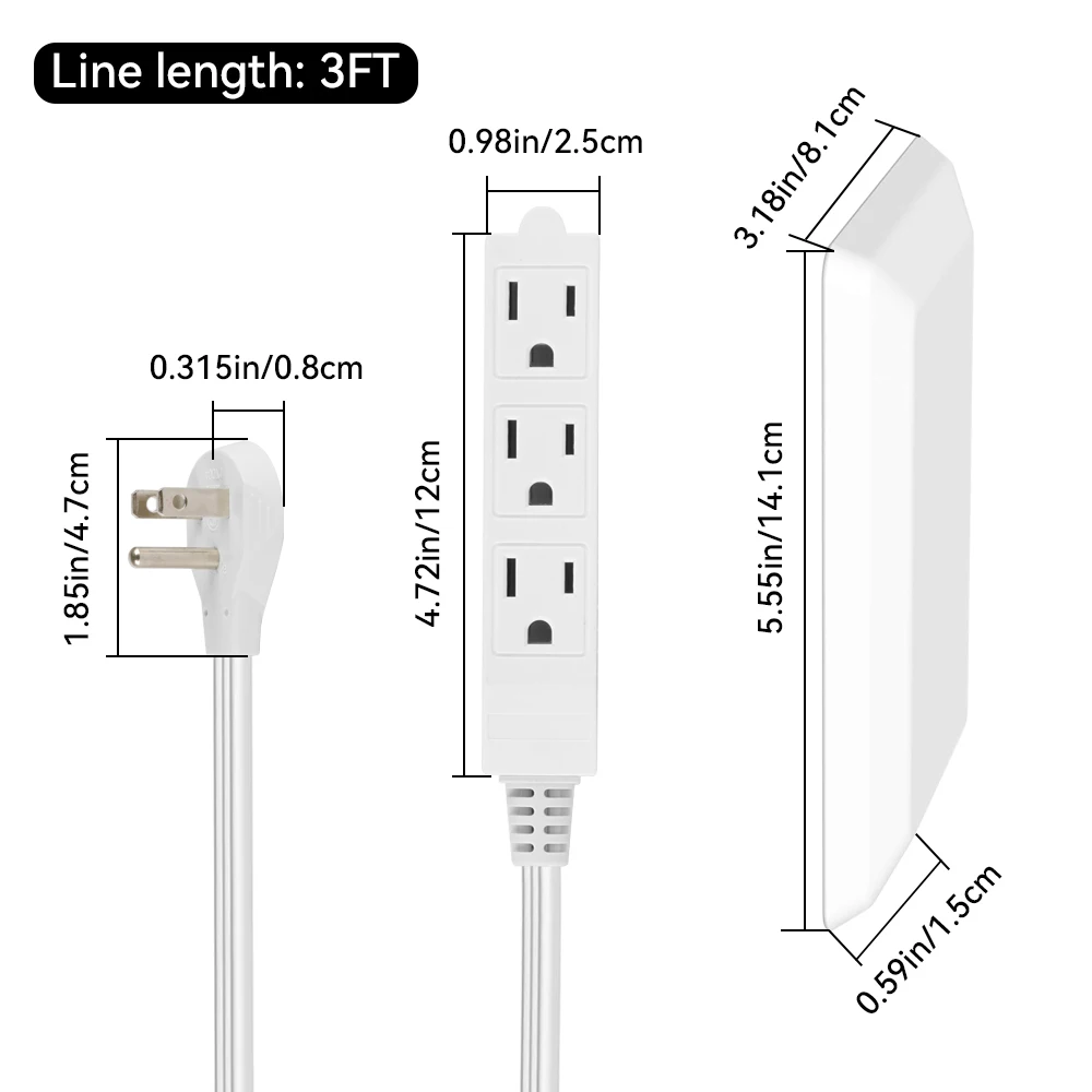 شريط طاقة سلك تمديد 3 أقدام مع 3 منافذ تيار متردد وموسع قابس 3 شقوق، ولوحة غطاء، ومقسم سلك 16AWG