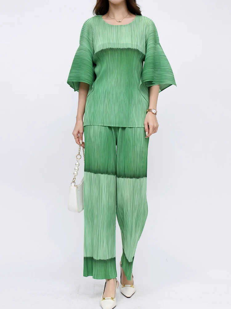 

Fashion Patchwork Fold Pants Outfit Spring Women Long Sleeve O-neck Loose Top+High Waist Wide Leg Pants Autumn Two Piece Set