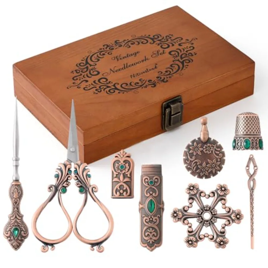 

Embroidery Scissor Set Vintage Supplies Needle Case Sewing Awl Thimble Floss Board for Needlework Copper