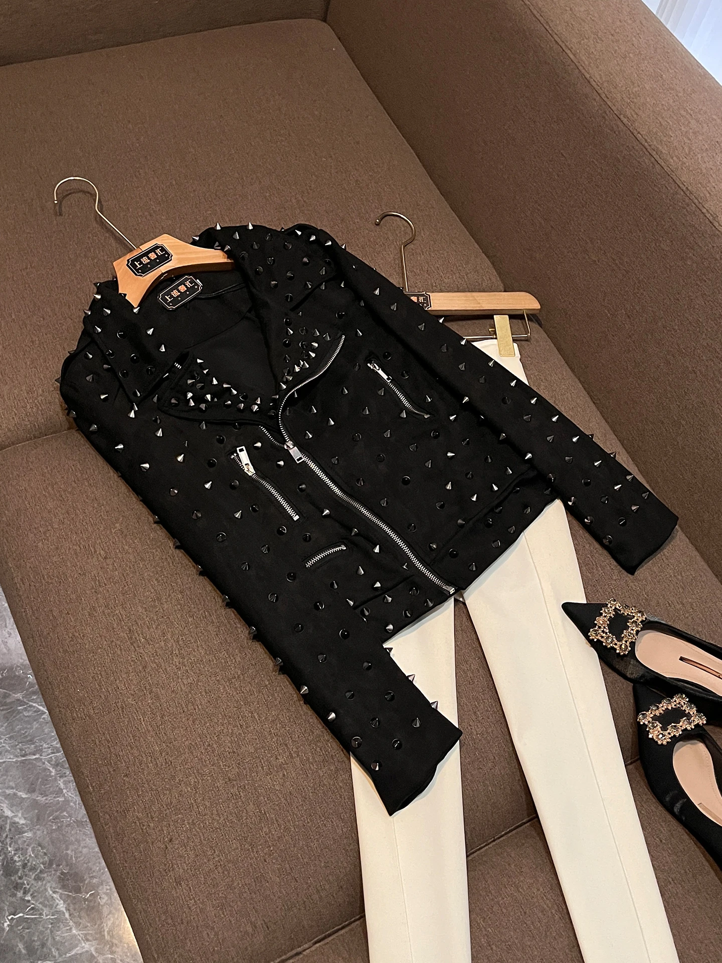 

Punk Rock Style Heavy Duty Rivet Motorcycle Jacket Spring 2026 New Women's Fashion Slant Zipper Collar Coat P96 Commute Style...