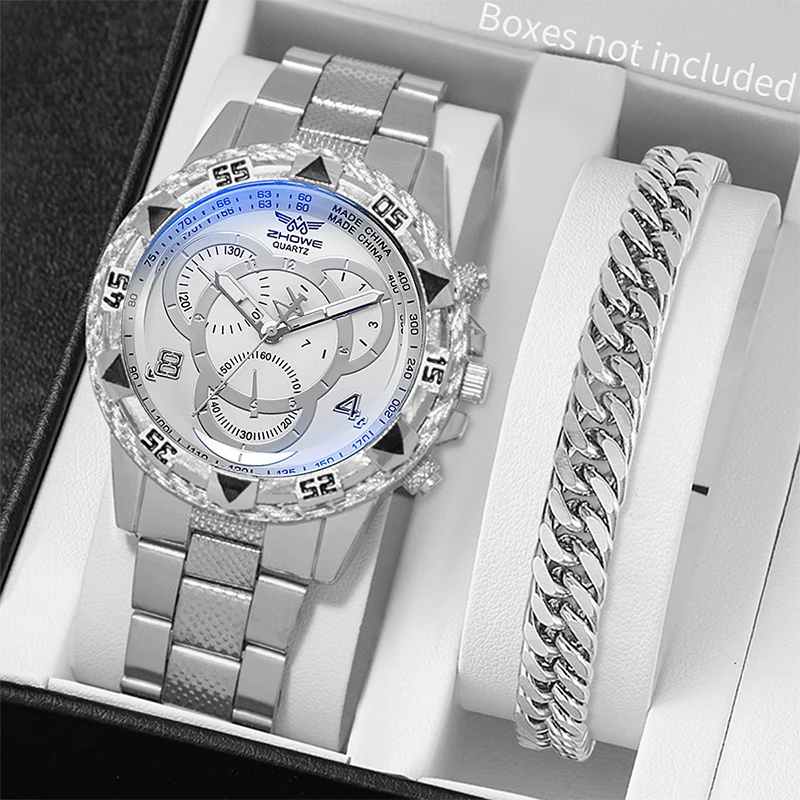 2pcs/set Fashion Men\'s Watch Steel Band Analog Quartz Watches Bracelet Set(Without Box)