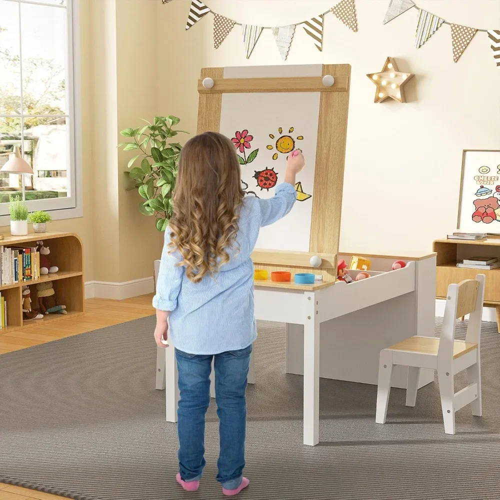 School Desks.Kids Art Table and Easel Chair Set with Large Storage Desk, Wooden Drawing Desk w/Paper Roll for Children Ages8-12