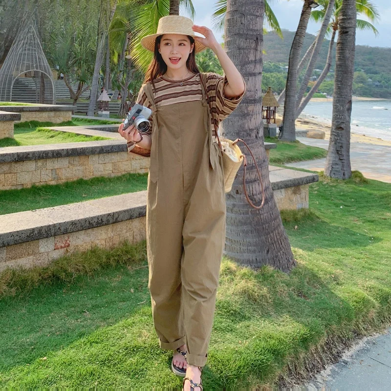 

Женские летние брюки-комбинезон цвета хаки в корейском стиле, свободные, стройнящие, с высокой талией, для работы и повседневной носки