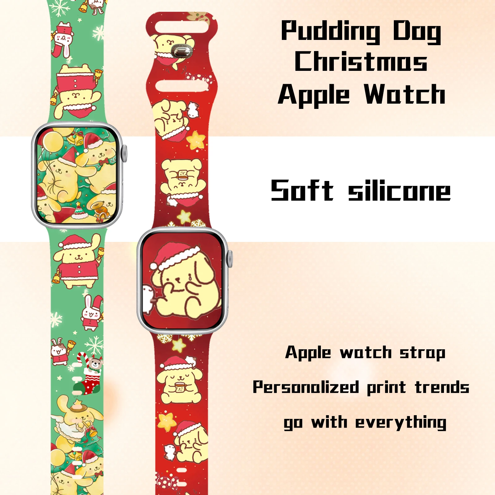 MINISO Weihnachten Pudding Hund bedrucktes Uhrenarmband für Apple Watch 11 10 9, Silikonband, austauschbares Armband für iWatch 45 mm 44 mm