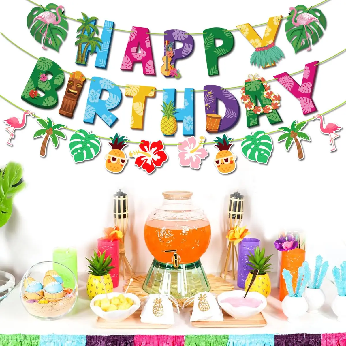 Hawaiianisches Flamingo-Partybanner Ananas-Kokosnussbaum-Kuchen-Dekoration Kindergeburtstag Jubiläumsfeier Sommer-Strand