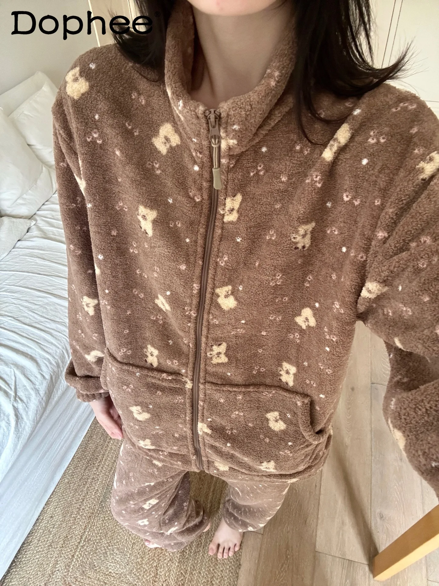 

Корейская версия Ins, флисовые пижамы с цветочным принтом медведя, осень-зима, утепленная молния, теплая тонкая флисовая носимая домашняя одежда для женщин