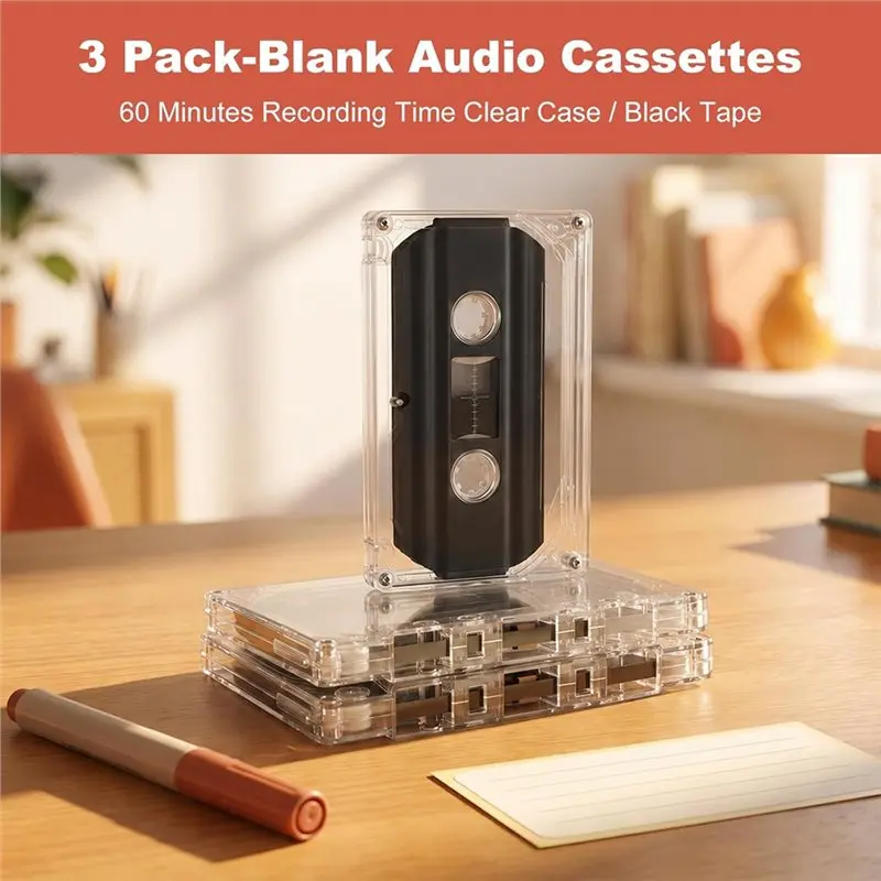 B27B 3 Pack Blank Cassette Tapes 60 Minutes Clear Audio Recording Tape For Music, Voice, Lectures, Archiving