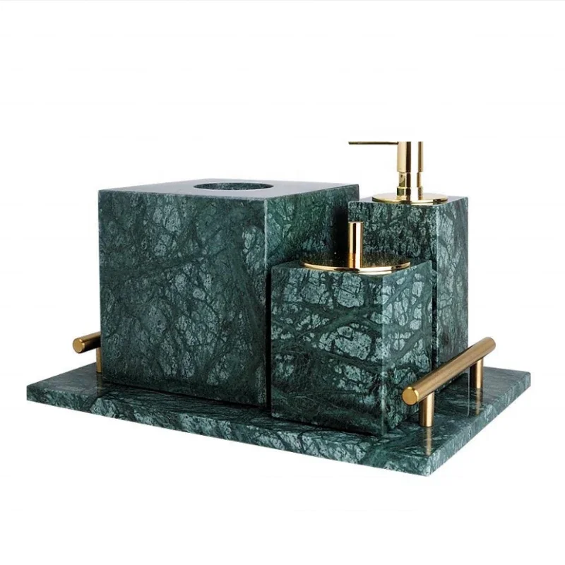 Factory Customized Modern Green Marble Luxury 4 Piece Bathroom Accessory Set for Hotel