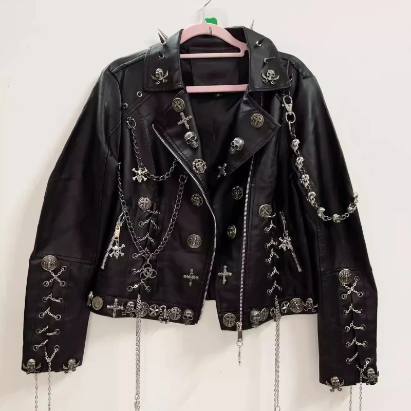 Original Design Punk Black Sweet Cool Rock Women's Leather Jacket 2025 Goth Heavy Industry Rivet Chain Dark Loose Coat Ladies