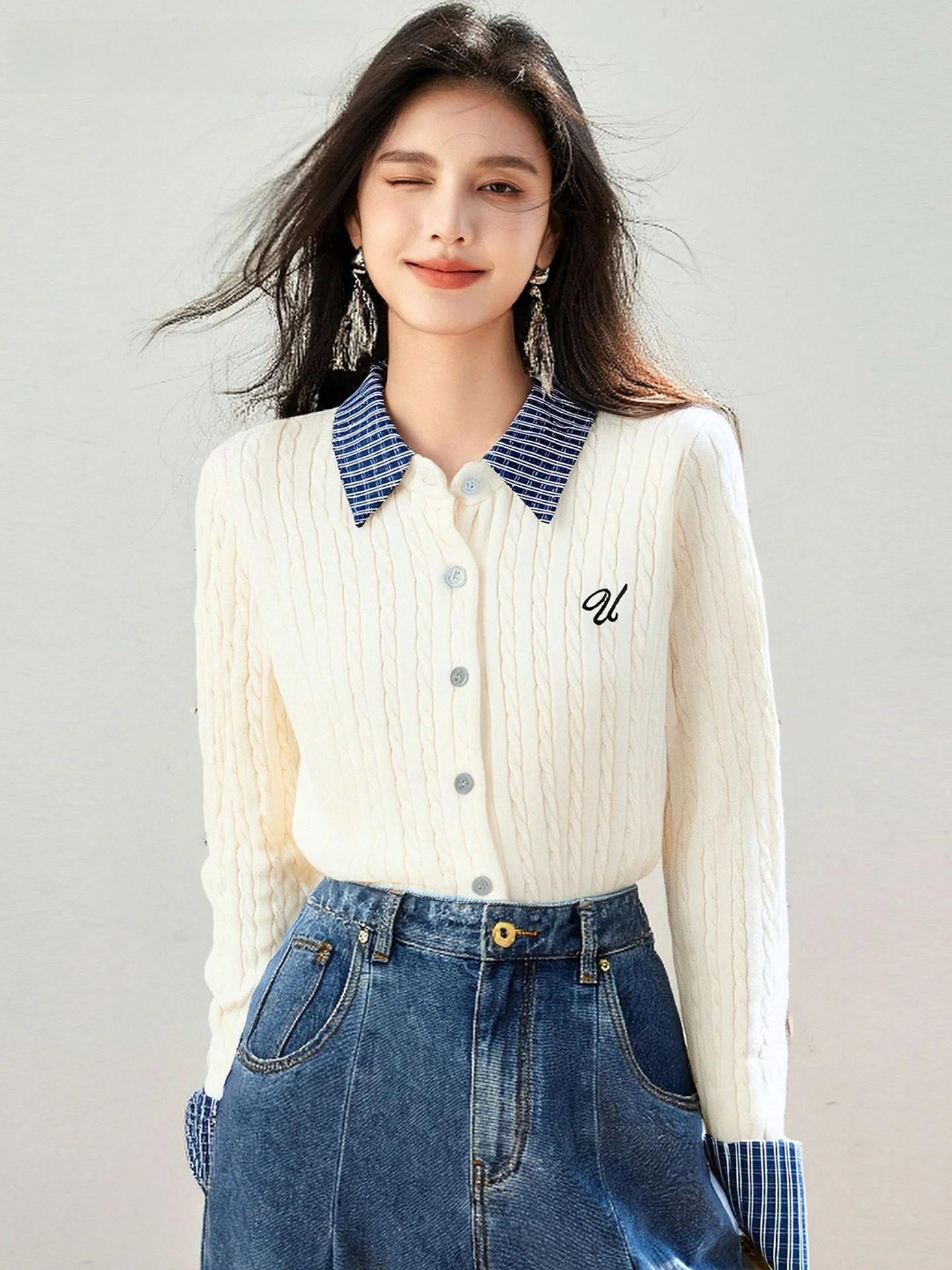 

La Chapelle Women's Plaid Collar Knitted Open Cardigan Soft Cozy Sweater Vintage Anti-aging Design Autumn Faion Commute Sle