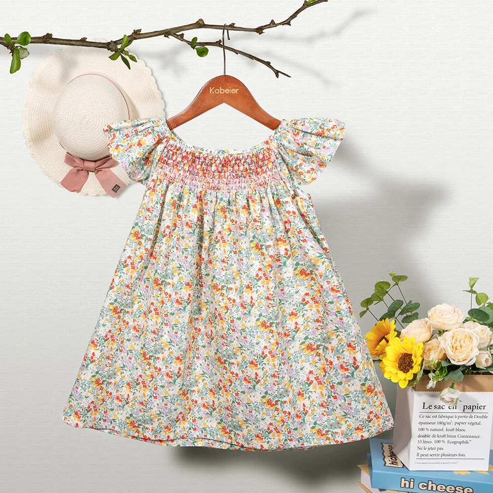20 26 Summer New Girl's Pulling Floral Dress Retro Baby Girl Flying Sleeve Printed Princess Skirt  Skirt