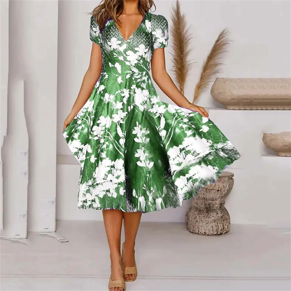 Thanh Lịch In Họa Tiết Hoa Nữ Mùa Hè Cổ Chữ V Tay Ngắn Đầm Midi Sundress Thời Trang Vestidos Áo Dây Nghỉ ĐẦM DỰ TIỆC 2022