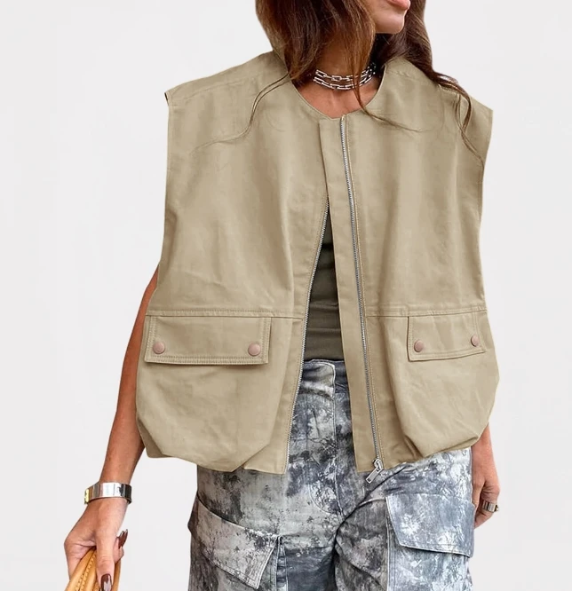 

Women's Vest Coat Casual Street Trendy Loose Fit Solid Color Sleeveless Pocket Design Zipper Cardigan Workwear Vest Jacket