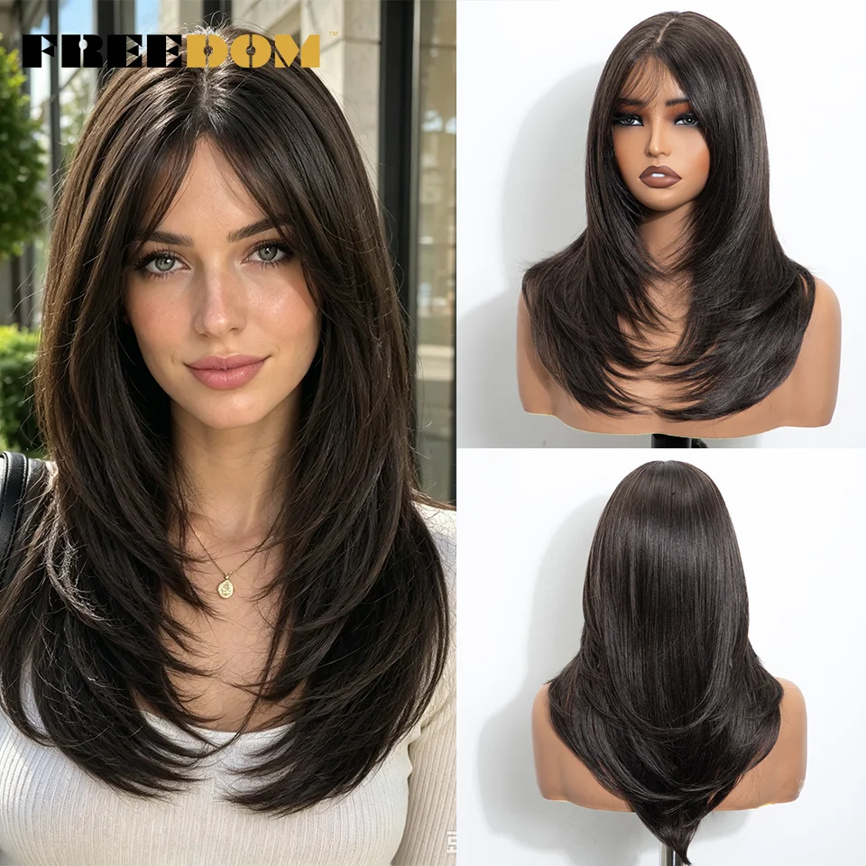 FREEDOM Synthetische Perücken mit Spitze vorne für Damen, 18 Zoll, vorgezupfte Ombre-Perücke in Braun mit Highlights und Pony, Mittelscheitel, Perücke für den täglichen Gebrauch. – Detail 2