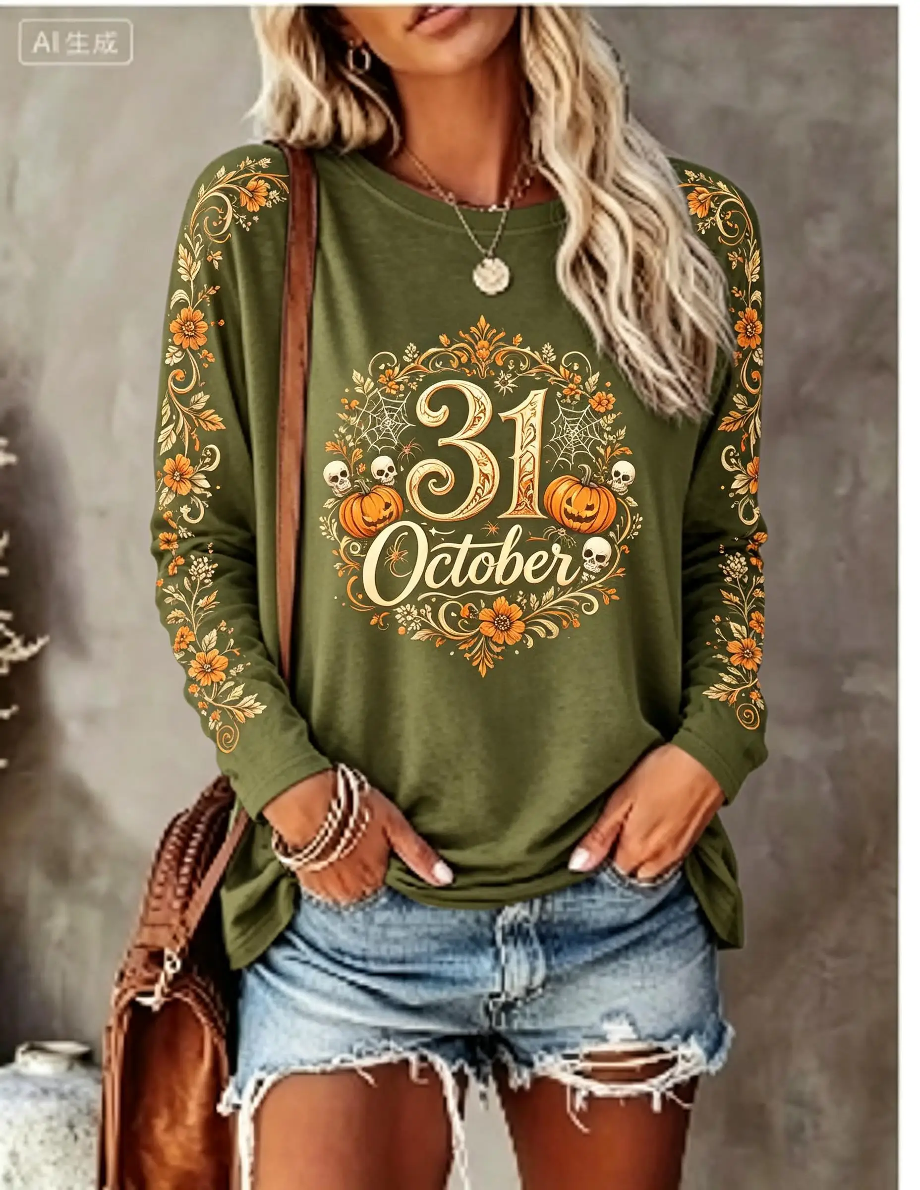 Women Halloween Long Sleeve T‑Shirt 31 October Pumpkin Autumn Leaf Vintage Print Crew Neck Tops
