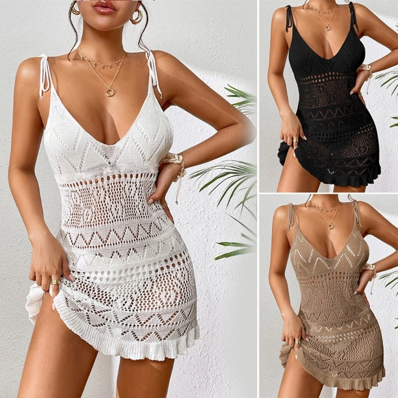 

Womens Deep V-neck Beach-Dress See-Through Crocheted Swimsuits Cover Up Hollow out Bathing Suit Cover Up for Beachwear