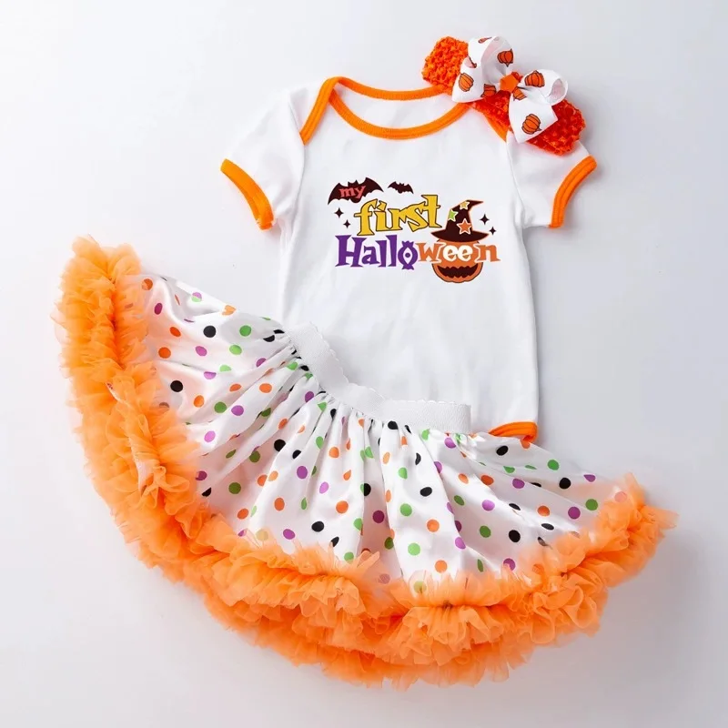 

Children's Halloween Theme Baby Party Dress Short Sleeve Romper Skirt Hair Accessories3Baby Set