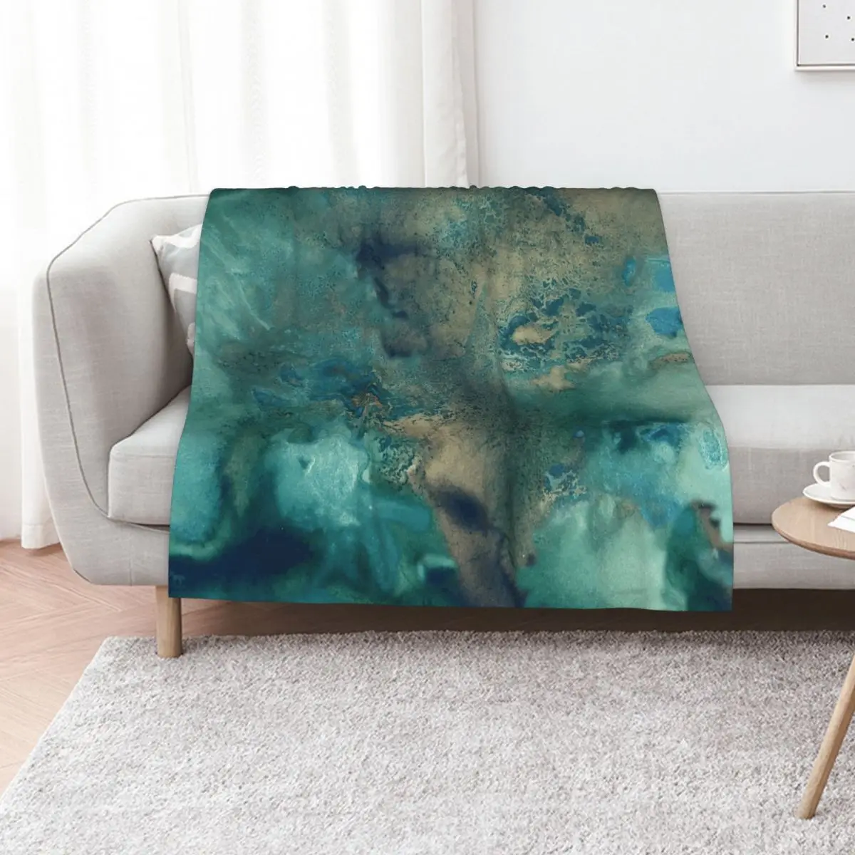 

Ocean in Turquoise, Aqua and Gold Throw Blanket Softest halloween Bed covers Plaid Blankets