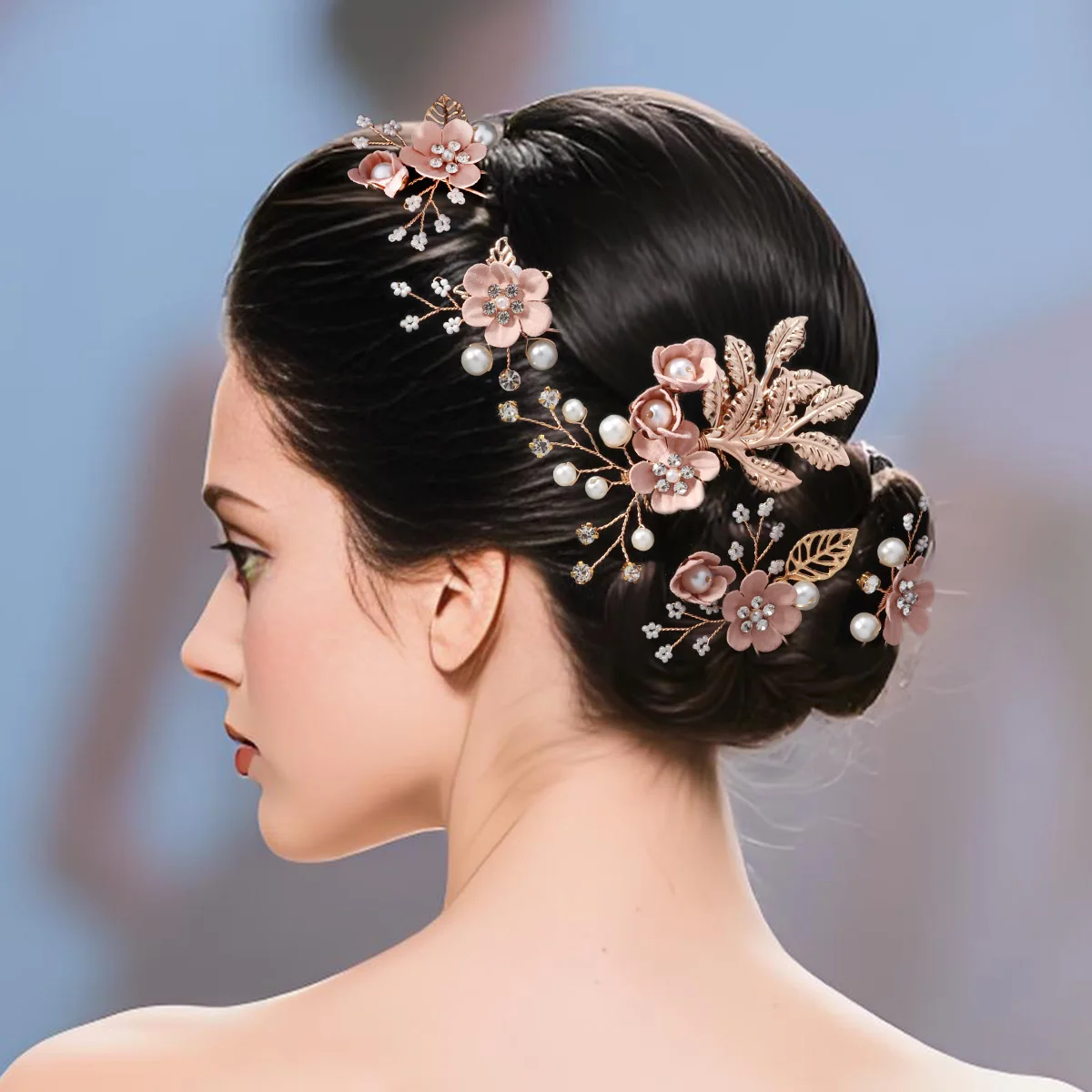 Fashion Pink Hair Combs 5PK/Set Elegant Flower Bridal Hair Clips Delicate Pearl Beaded Hairpin For Women Wedding Hair Accessorie image 2