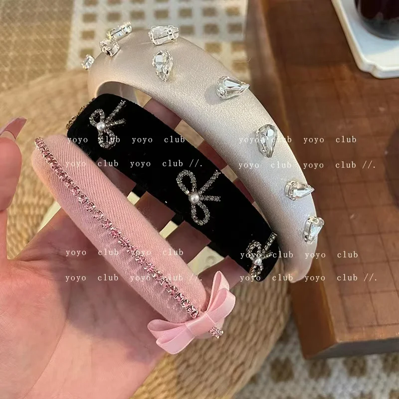 Bow Rhinestone Headband Height Increasing Skull Top High-Grade Wide-Brimmed Sponge Headband Women's Hairhoop Hair Ornaments