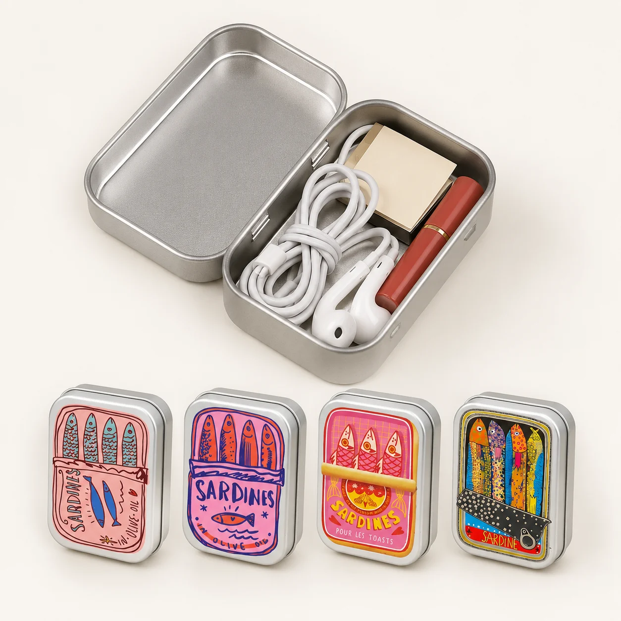 Mini Caixa de Metal com Estampa de Sardinha, Portátil, para Joias, Fones de Ouvido, Pílulas e Moedas, Organizador para Viagem, Bolsa e Mesa
