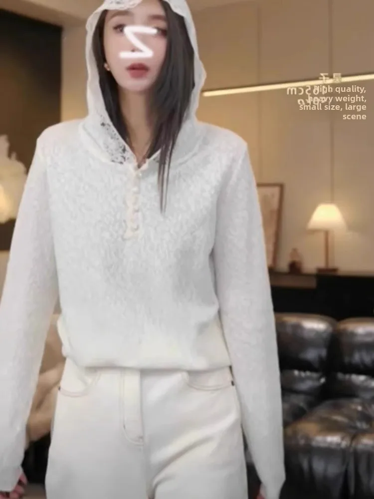 Top lavorato a maglia con design a giunture in pizzo con cappuccio Dimagrante Versatile Faion Long Sve Capispalla coreano Sle Loose Fit Regular Sve