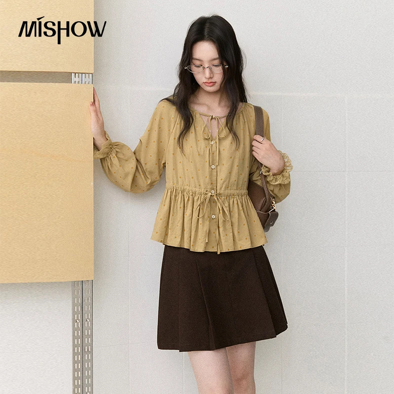 MISHOW Women's Blouse 100% Cotton Polka Dot Print Drawstring Waist Lace Trim Long Sleeve Shirt 2026 Autumn Daily Tops MXF48X2813