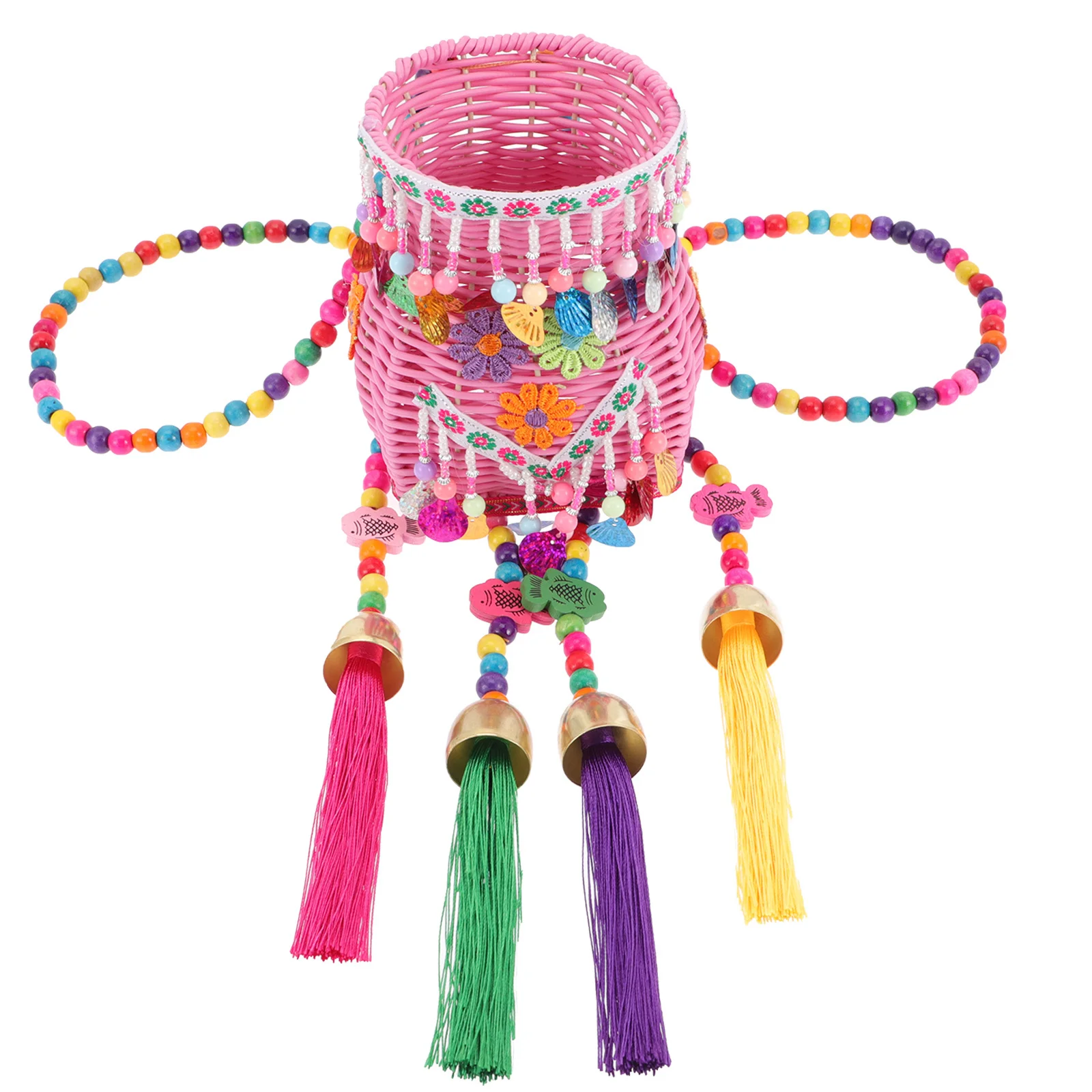 

Weaving Tassel Basket Ethnic Style Small Decorative Storage for Living Room Office Use Plastic Basket