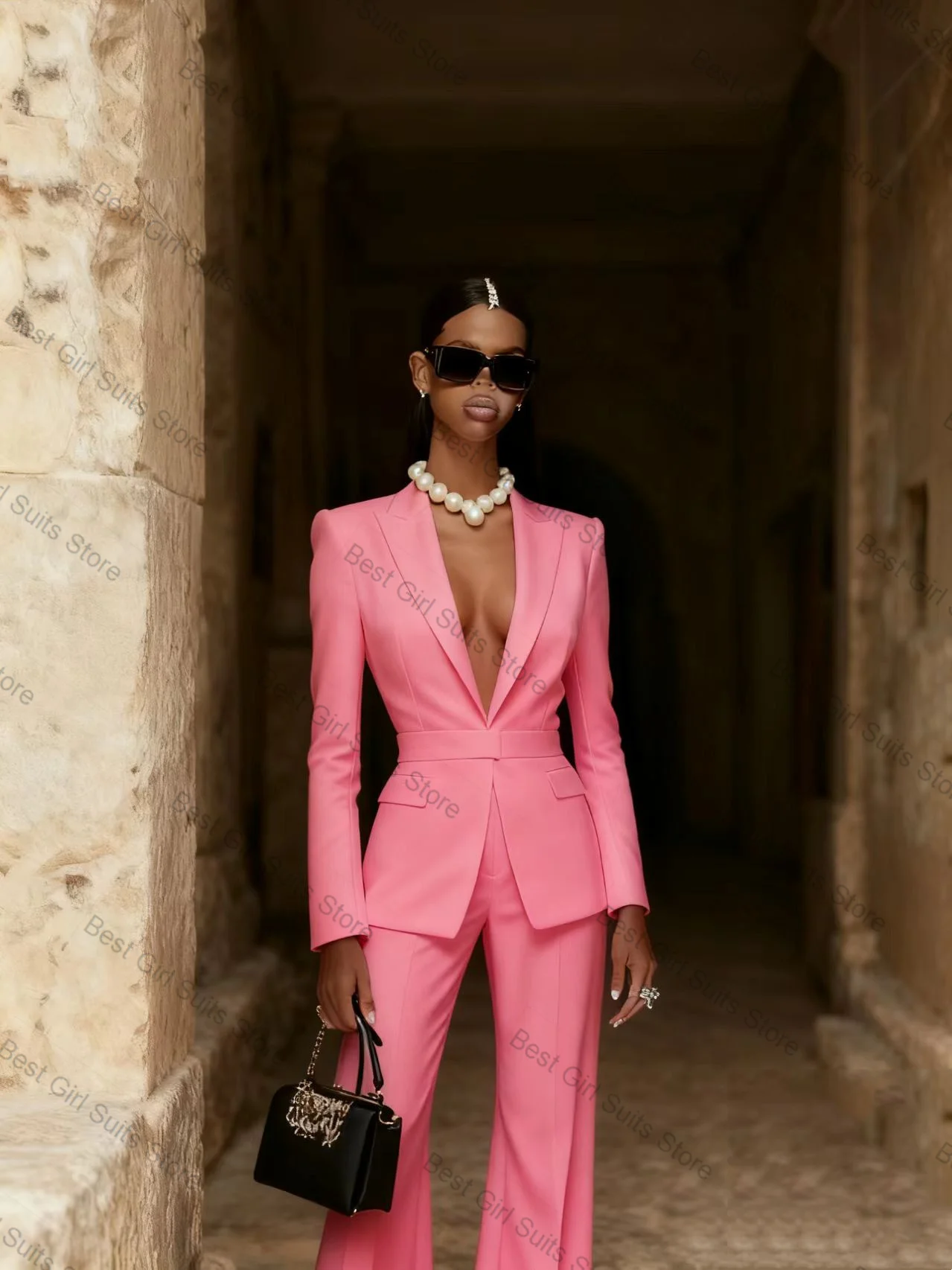 ピンクの女性スーツセット 2 ピースショートブレザー + パンツズボン綿春フォーマルオフィスレディジャケットカスタマイズされたプロム結婚式コート